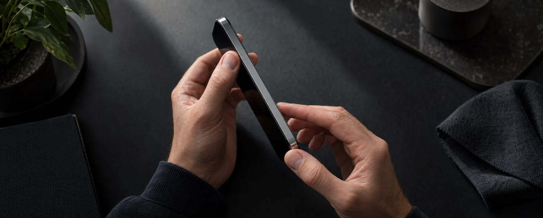 Иллюстрация: Крупный предметный кадр: человек держит iPhone боком к мягкому направленному свету и рассматривает стык дисплея и корпуса. Тёмная нейтральная поверхность, отчётливая линия боков
