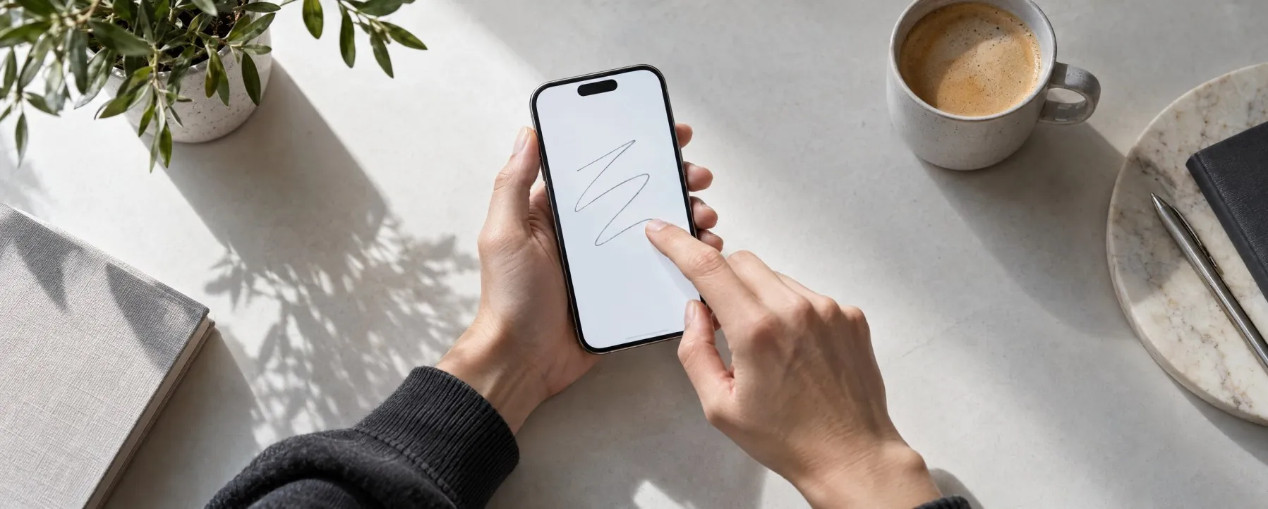 Иллюстрация: Вид сверху на светлый стол: одна рука придерживает iPhone, палец другой проводит линию на его экране. Видны лишь несколько простых свободных штрихов на нейтральном светлом поле 