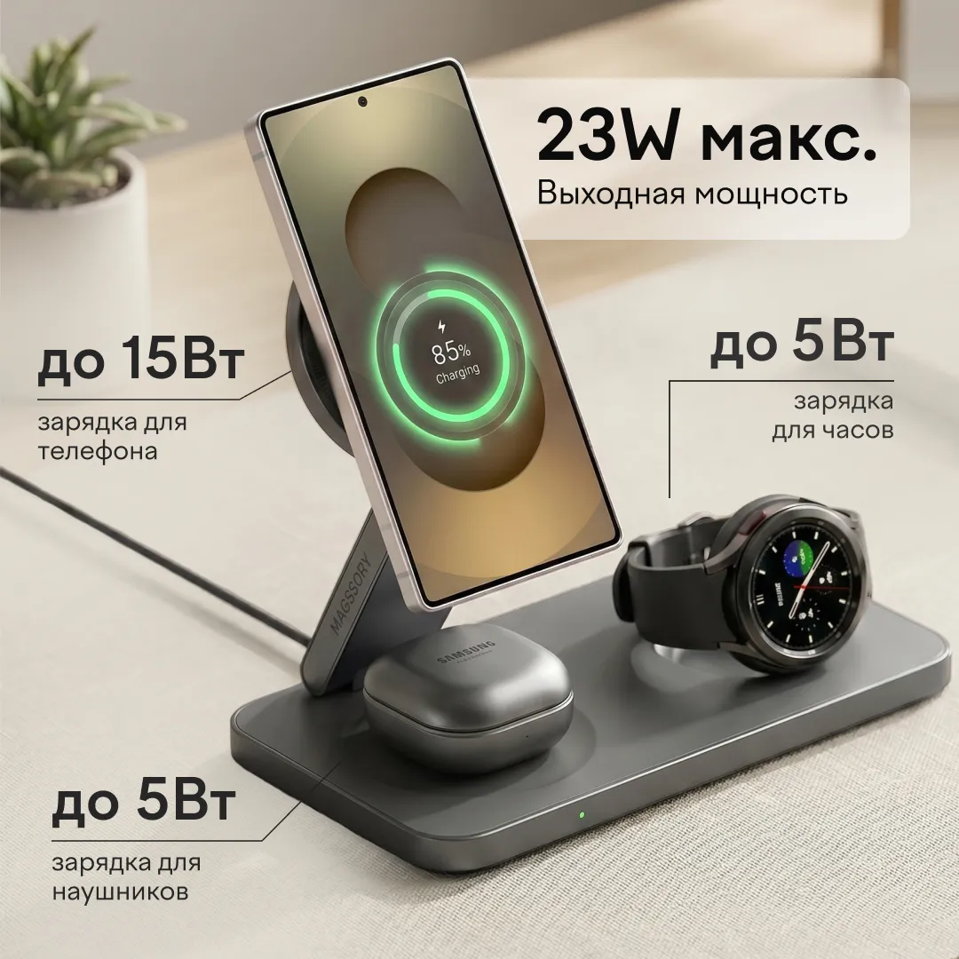 Зарядная станция 3 в 1 Magssory Yoga для Samsung Qi2 Midnight