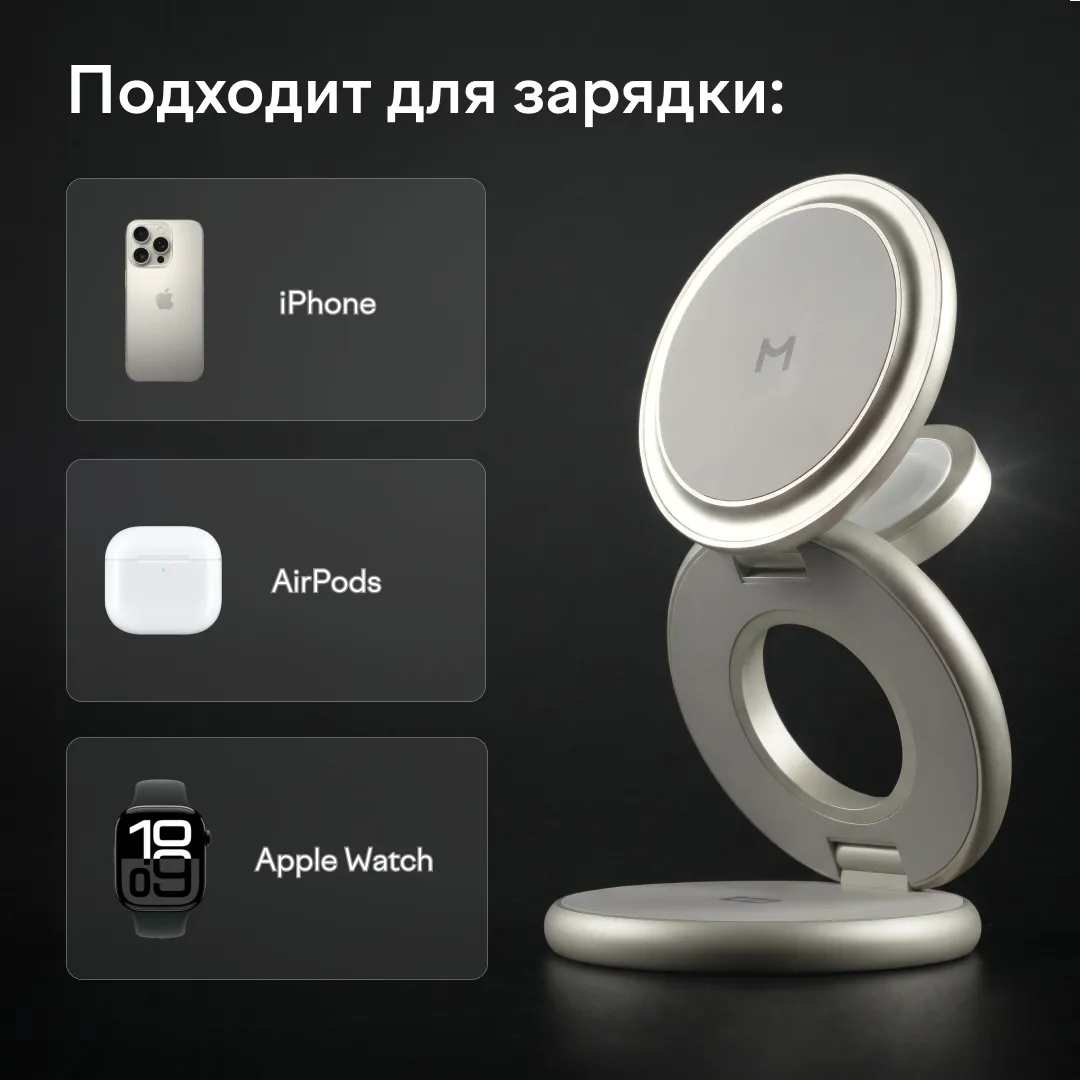 Зарядная станция 3 в 1 Magssory Signature Disc Pro для Apple Qi2 Titan