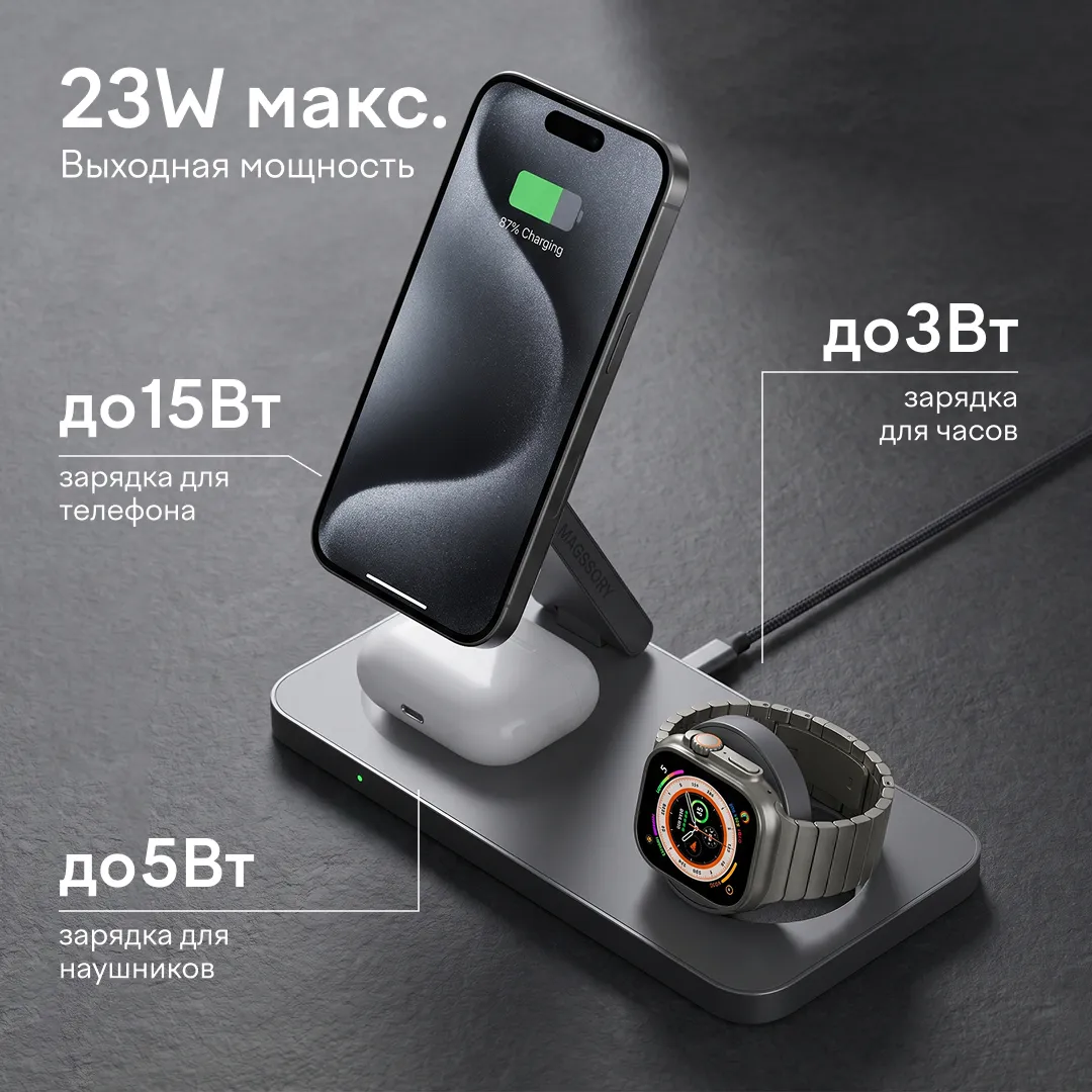Зарядная станция 3 в 1 Magssory Yoga для Apple Qi2 Midnight